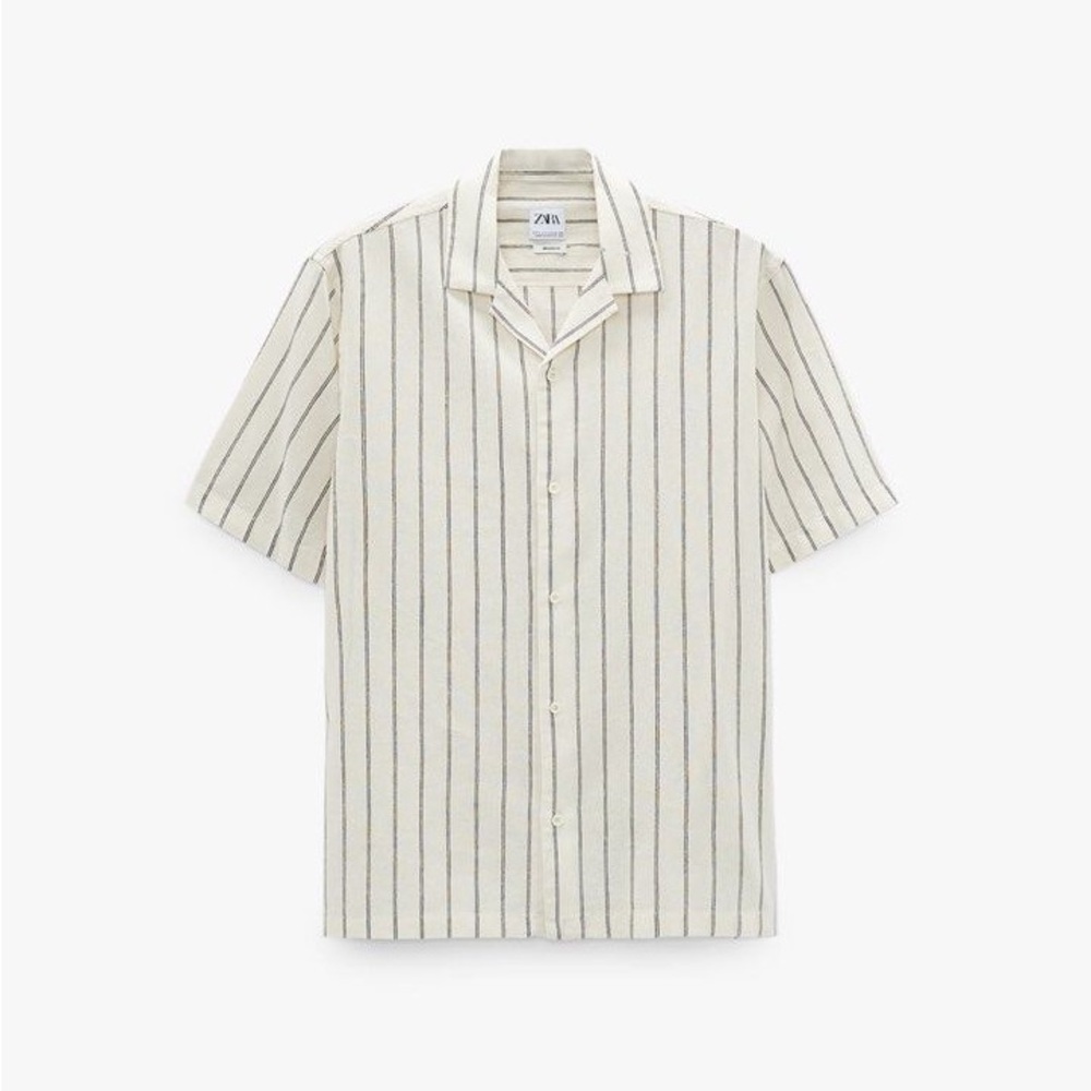 Zara Striped Ecru Textured Open Collar Short Sleeve Shirt size XL